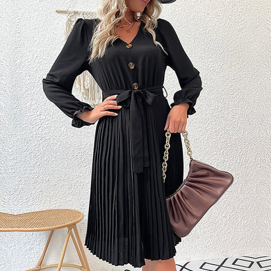 Women's Black Long Sleeve Pleated Dress