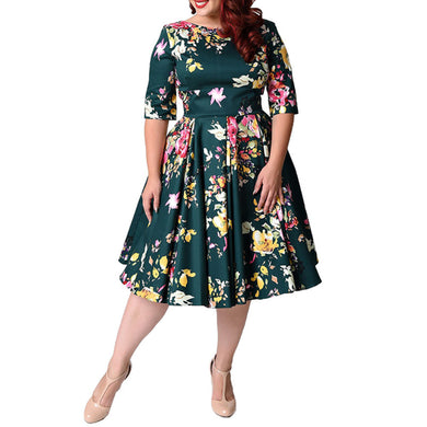 Women's Round Neck Sleeve Printed A-line Skirt Dress