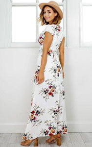 New Women's Clothing Boho Beach Summer Long Dress White Flower Printed V Neck Slit Fit and Flare Dresses Casual Vestidos