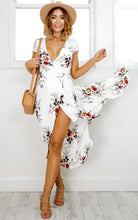 Load image into Gallery viewer, New Women&#39;s Clothing Boho Beach Summer Long Dress White Flower Printed V Neck Slit Fit and Flare Dresses Casual Vestidos