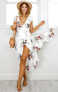 New Women's Clothing Boho Beach Summer Long Dress White Flower Printed V Neck Slit Fit and Flare Dresses Casual Vestidos