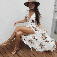 Load image into Gallery viewer, New Women&#39;s Clothing Boho Beach Summer Long Dress White Flower Printed V Neck Slit Fit and Flare Dresses Casual Vestidos