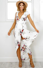 Load image into Gallery viewer, New Women&#39;s Clothing Boho Beach Summer Long Dress White Flower Printed V Neck Slit Fit and Flare Dresses Casual Vestidos