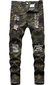 Boy's Fashion Skinny Fit Ripped Destroyed Distressed Stretch Biker Moto Wrinkled Camo Jeans Pants,L0083,14