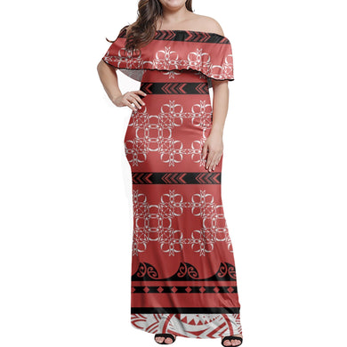 Polynesian Tribal Red Gray Lines Printed Women Elegant One Shoulder Dress New Summer Plus Size Ruffle Long Dresses Clothing 1