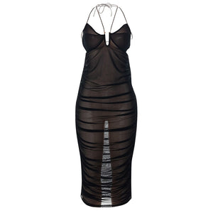 Stacked Women Mesh See Though Long Dress Bandage Bodycon Night Club Sexy Spaghetti Strap V-neck Midi Ruched Dresses 2022 Summer
