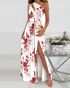 Summer Elegant One Shoulder Floral Print High Slit Cutout Maxi Party Dress Asymmetric Women Long Wedding Evening Sexy Robes Midi