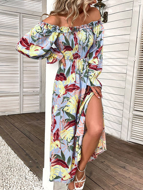 Summer Elegant Commuter Shoulder Dress 2022 New Print  Office Lady Straight Slash Neck Vintage Dresses Women  Off The Shoulder