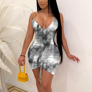 Women Mini Dress Tie Dye Print Sleeveless Strap V-neck Shirring Bodycon Dresses Summer Sexy Night Club Party Evening Vestidos