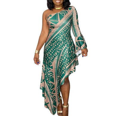 African Dress Women One Shoulder Irregular Hem Totem Print Robe 2022 Summer New Fashion Sexy Elegant Party Dashiki Plus Size