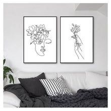 Load image into Gallery viewer, Black White Canvas Painting Wall Art Line Drawing Girl Home Decor Minimalist Simple Fashion Poster Women Flower Leaf Body Sketch