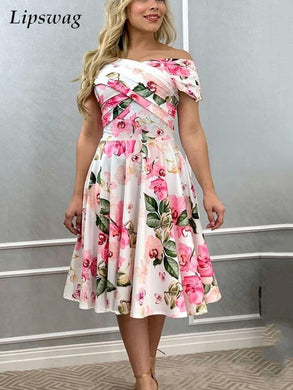 Sexy Wrap Cross Off Shoulder Party Dresses Elegant Short Sleeve Loose Pleated Dress Women Fashion Flower Print Slim A-Line Dress