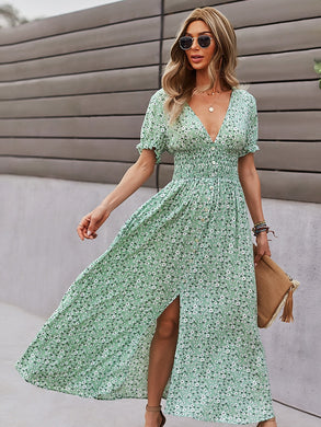 Summer New Fashion Short Sleeve Commuting Bohemian Leisure Vacation Sexy Long Skirt Big Swing Skirt A-LINE Mid-Calf Woman Dress