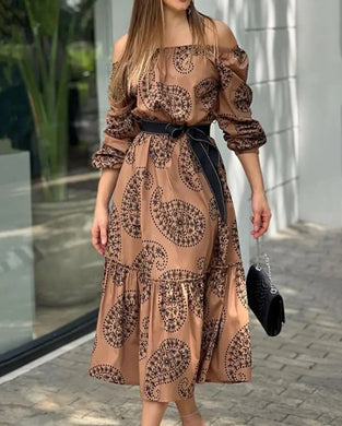 Sexy Off Shoulder Paisley Print Maxi Dress with Belt 2022 Spring Summer Fashion New High Waist Loose Long Dress