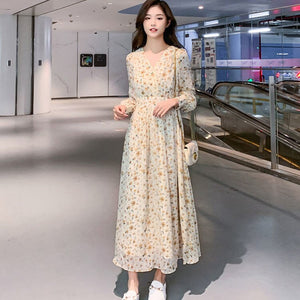 Korean Beach Style Retro Long Women Party Print Chiffon Chic Flower Vintage Dress Ankle-Length High Dress Slim Dresses Clothing